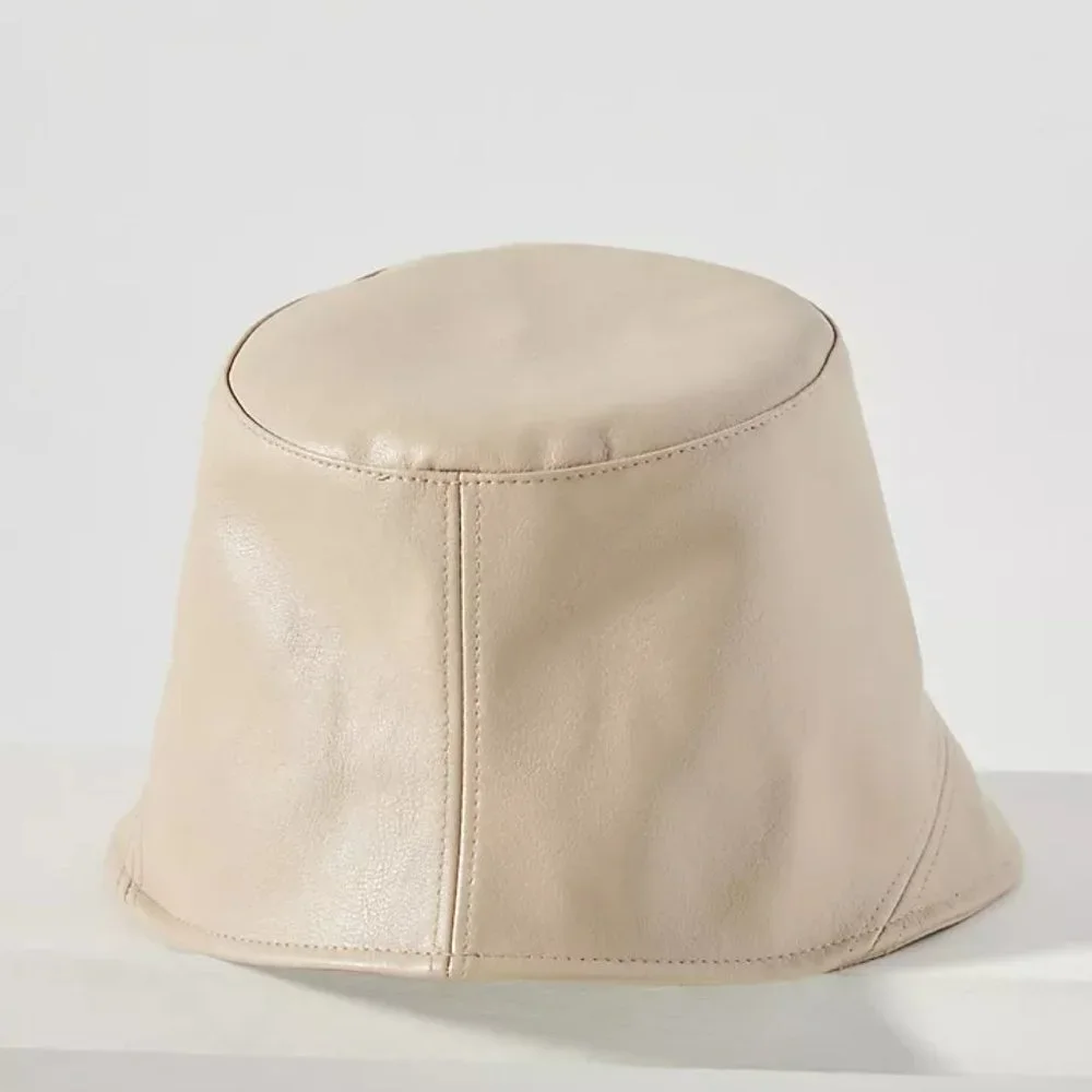 NWT Anthropologie Faux Leather Bucket Hat In Ivory Adjustable